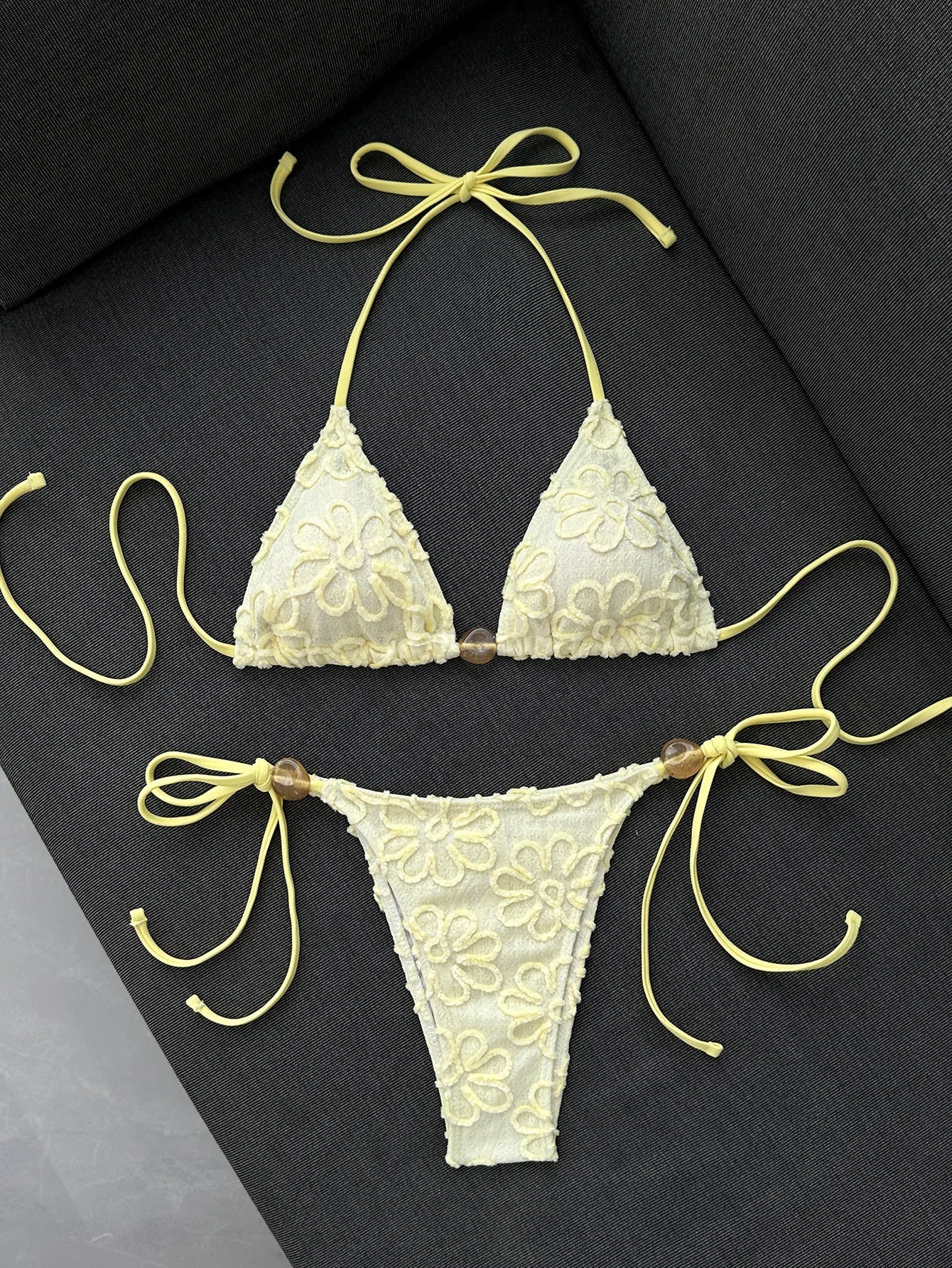 Yellow 3D Flower Micro Bikini Hole Out Stone Strap Push Up Bra Thong Swimsuit Holiday Bathing Suit Swimwear