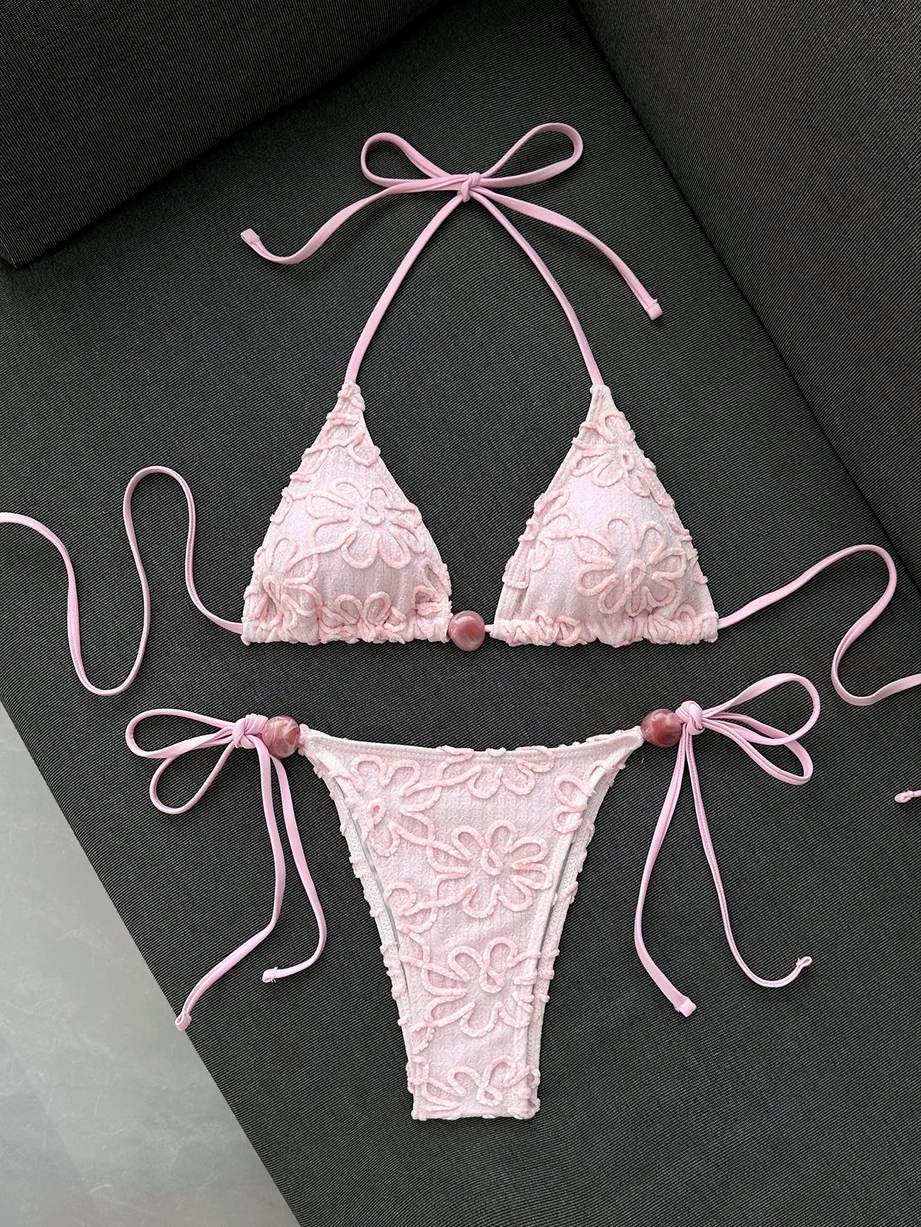 Yellow 3D Flower Micro Bikini Hole Out Stone Strap Push Up Bra Thong Swimsuit Holiday Bathing Suit Swimwear