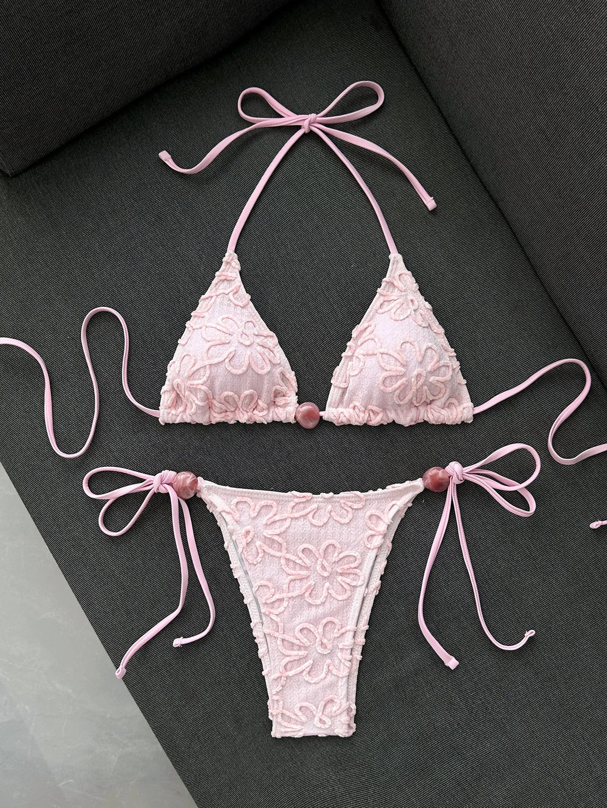 Yellow 3D Flower Micro Bikini Hole Out Stone Strap Push Up Bra Thong Swimsuit Holiday Bathing Suit Swimwear