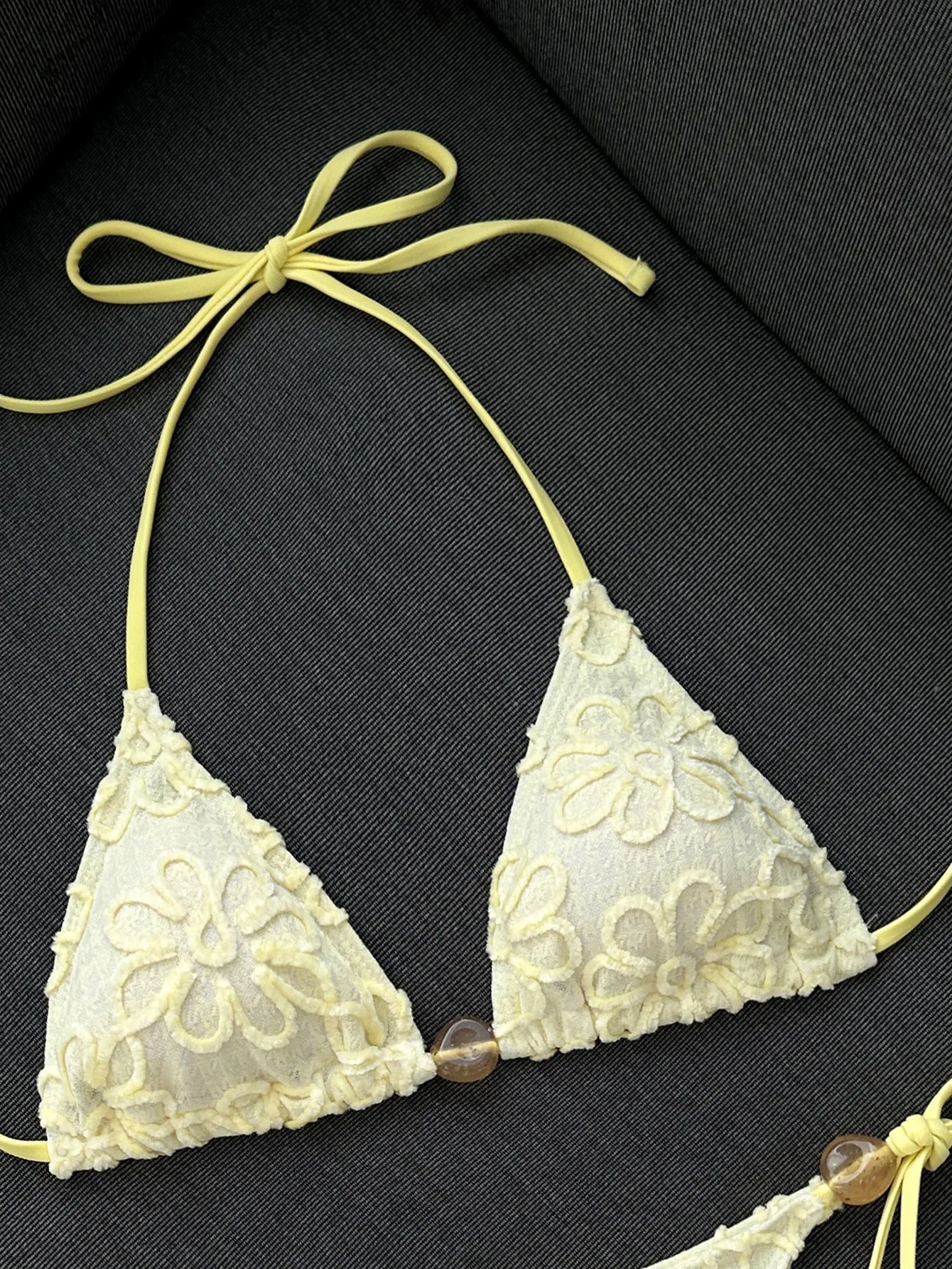 Yellow 3D Flower Micro Bikini Hole Out Stone Strap Push Up Bra Thong Swimsuit Holiday Bathing Suit Swimwear