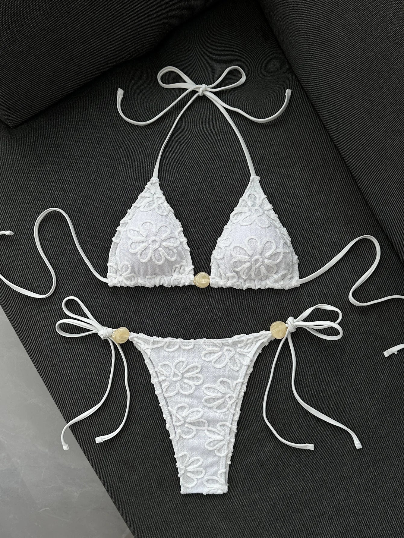 Yellow 3D Flower Micro Bikini Hole Out Stone Strap Push Up Bra Thong Swimsuit Holiday Bathing Suit Swimwear