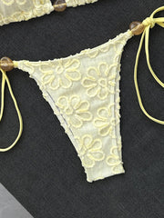 Yellow 3D Flower Micro Bikini Hole Out Stone Strap Push Up Bra Thong Swimsuit Holiday Bathing Suit Swimwear