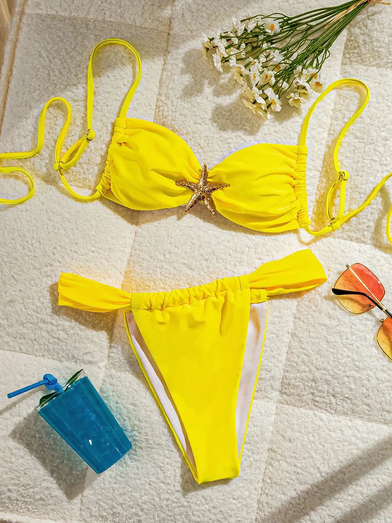 Yellow Bikini Metal Starfish Ornament Pleate Push Up Thong Swimsuit Brazilian Beach Bathing Suit Micro Swimwear