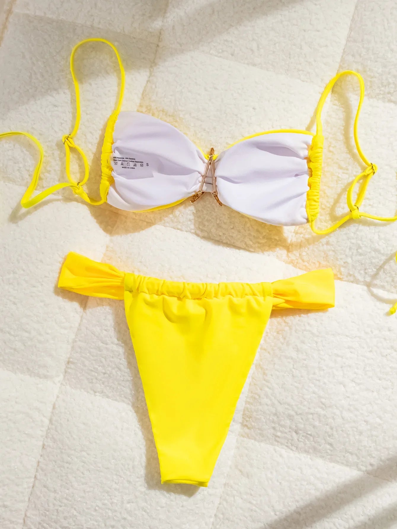 Yellow Bikini Metal Starfish Ornament Pleate Push Up Thong Swimsuit Brazilian Beach Bathing Suit Micro Swimwear