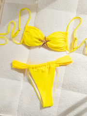 Yellow Bikini Metal Starfish Ornament Pleate Push Up Thong Swimsuit Brazilian Beach Bathing Suit Micro Swimwear