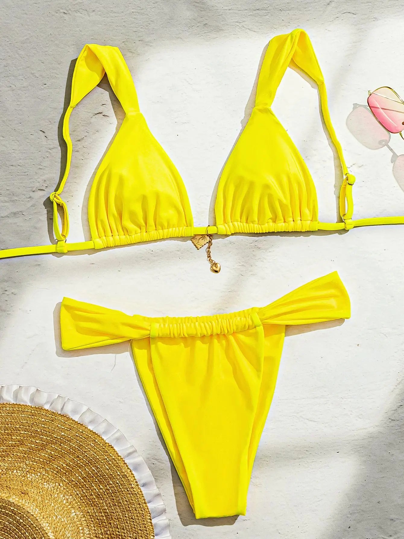 Yellow Bikini Metal Starfish Ornament Pleate Push Up Thong Swimsuit Brazilian Beach Bathing Suit Micro Swimwear