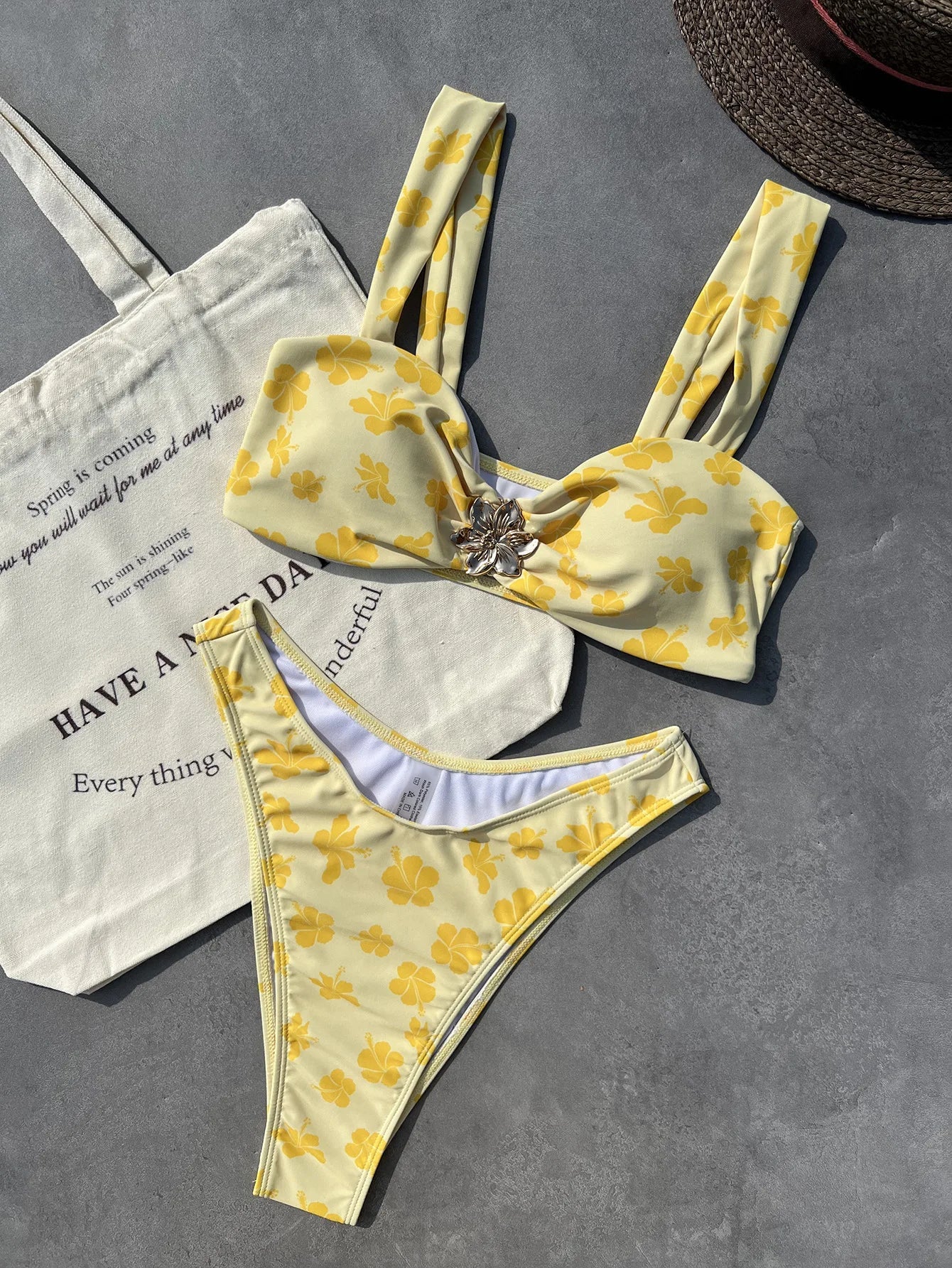 Yellow Floral Print Bikini Set