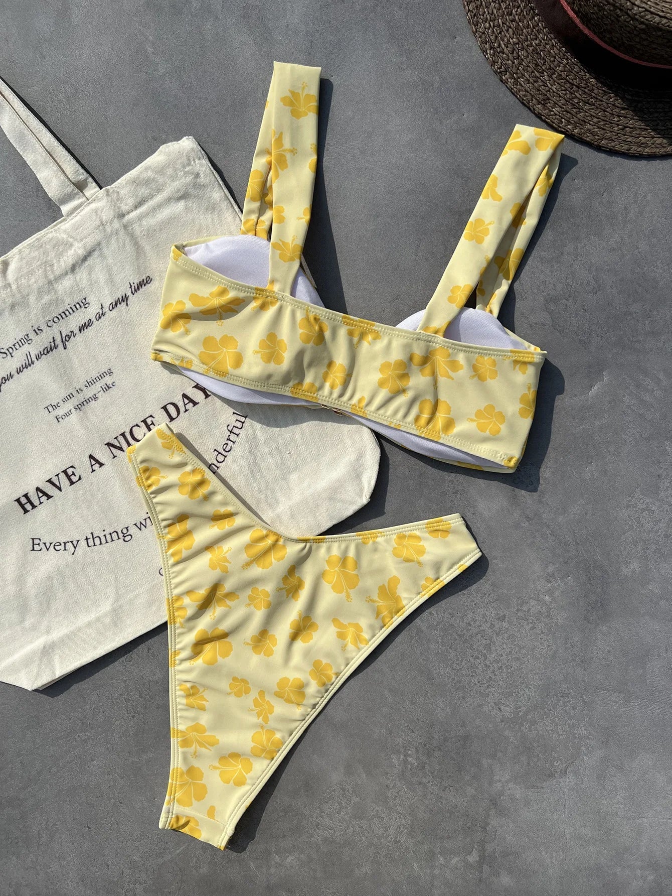 Yellow Floral Print Bikini Set