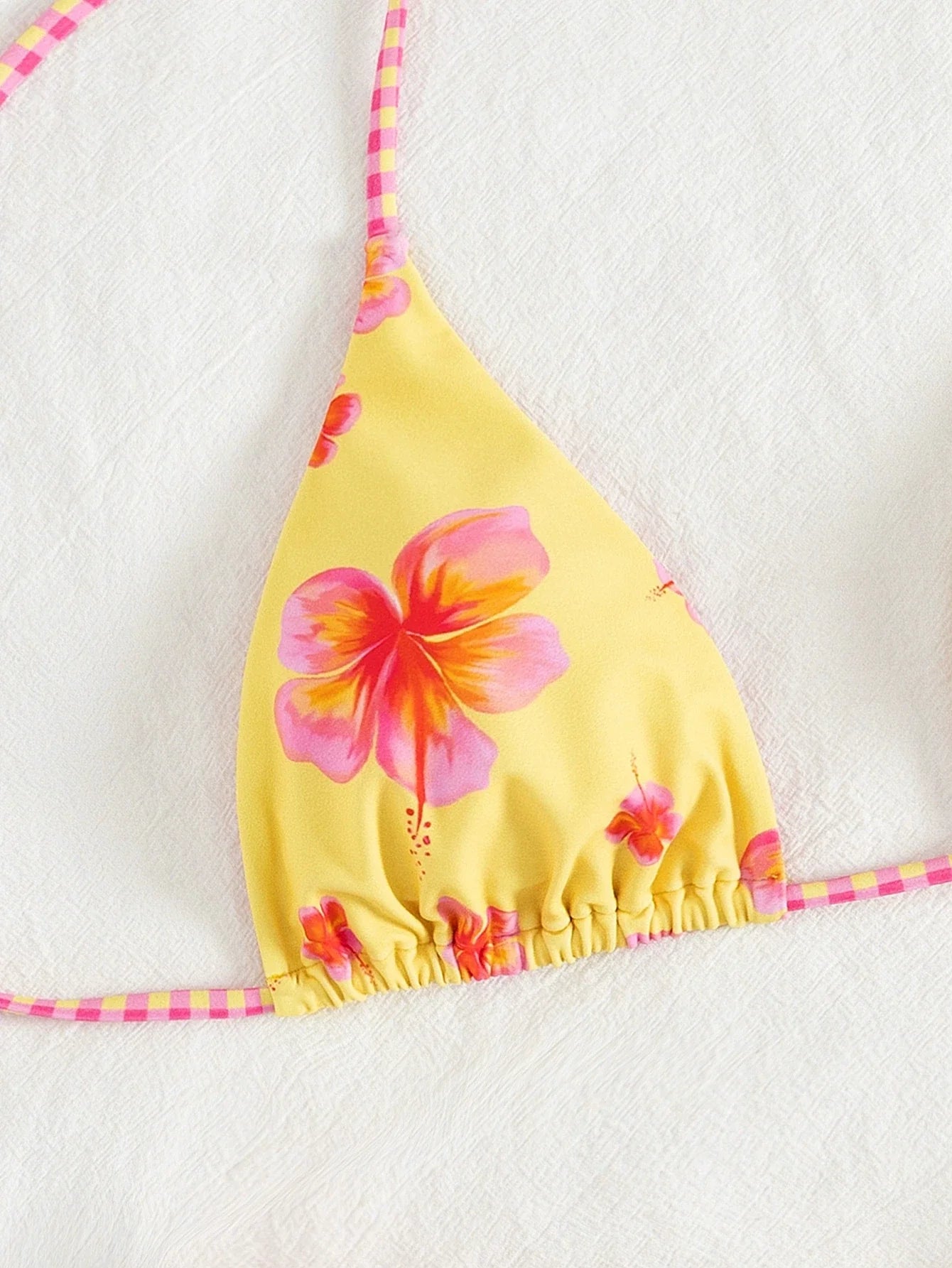Yellow Floral Print Micro Bikini Halter Push Up Plaid Pleate Thong Swimsuit Beach Bathing Suit