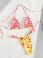 Yellow Floral Print Micro Bikini Halter Push Up Plaid Pleate Thong Swimsuit Beach Bathing Suit