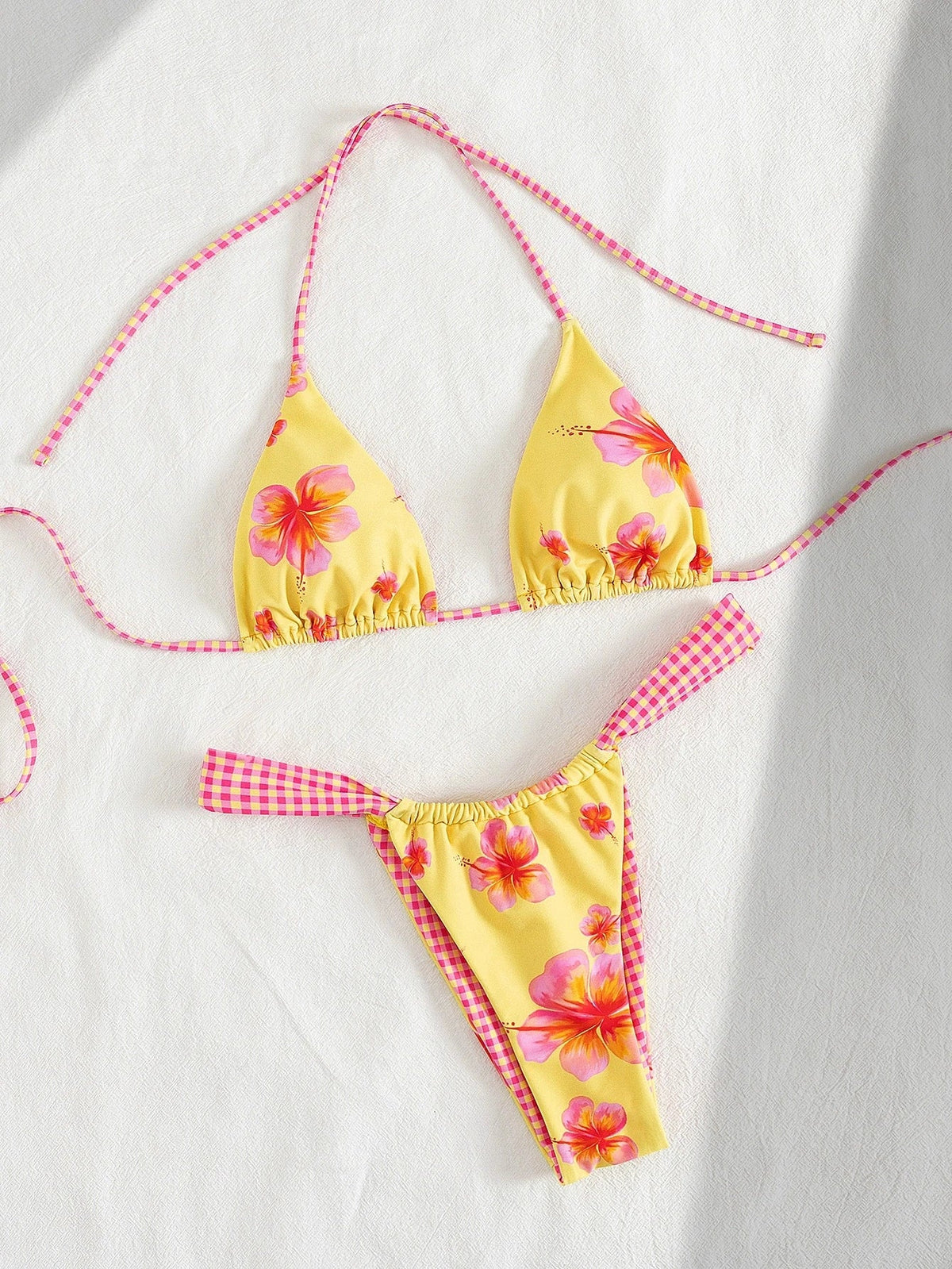 Yellow Floral Print Micro Bikini Halter Push Up Plaid Pleate Thong Swimsuit Beach Bathing Suit