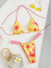 Yellow Floral Print Micro Bikini Halter Push Up Plaid Pleate Thong Swimsuit Beach Bathing Suit