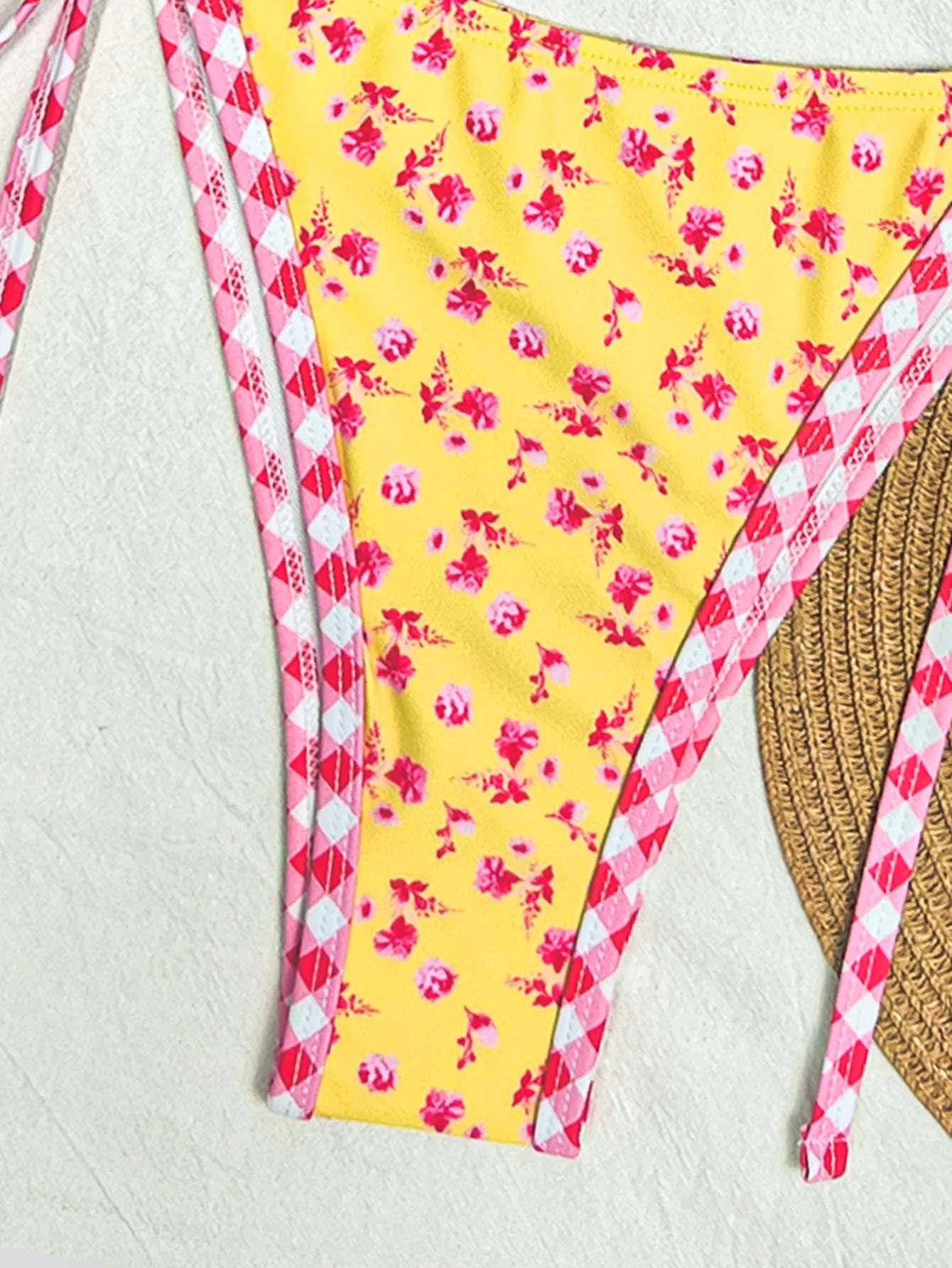 Yellow Floral Print Micro Bikini Shell Starfish Ornament Push Up Bra Thong Swimsuit Beach Bathing Suit Swimwear