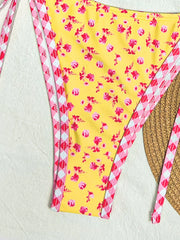 Yellow Floral Print Micro Bikini Shell Starfish Ornament Push Up Bra Thong Swimsuit Beach Bathing Suit Swimwear