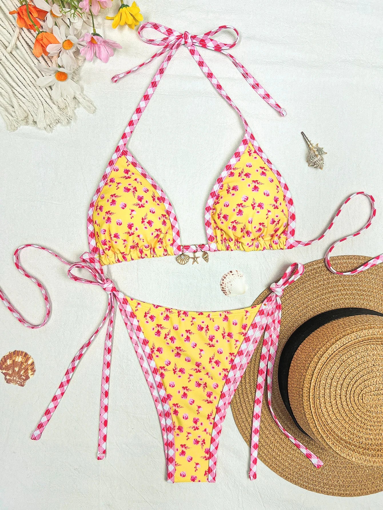 Yellow Floral Print Micro Bikini Shell Starfish Ornament Push Up Bra Thong Swimsuit Beach Bathing Suit Swimwear