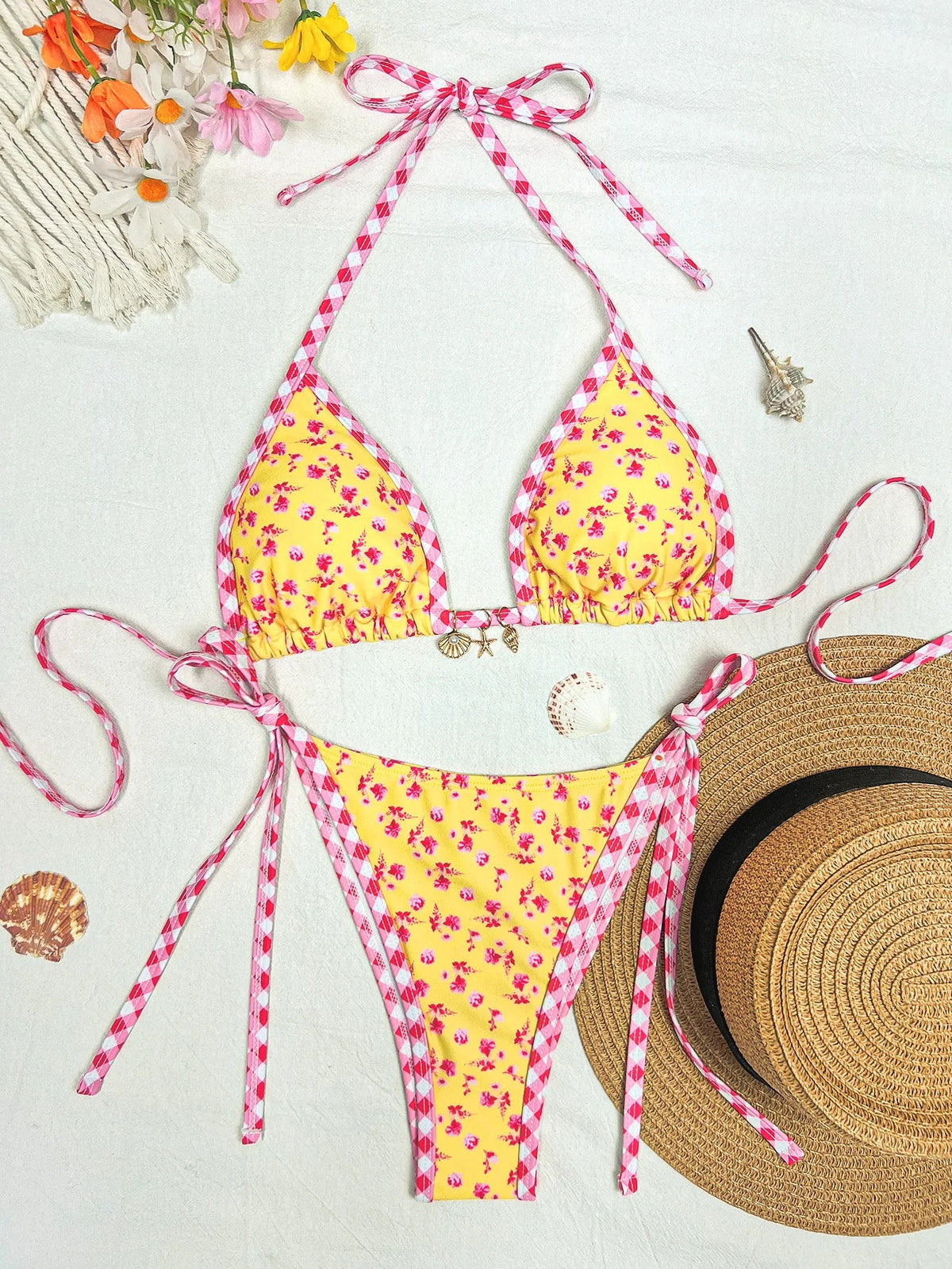 Yellow Floral Print Micro Bikini Shell Starfish Ornament Push Up Bra Thong Swimsuit Beach Bathing Suit Swimwear