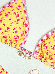 Yellow Floral Print Micro Bikini Shell Starfish Ornament Push Up Bra Thong Swimsuit Beach Bathing Suit Swimwear