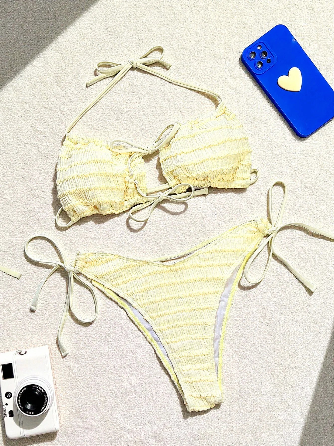 Yellow Micro Bikini Lace Front Bow Push Up Bra Swimsuit Bathing Suit Drawstring Side High Waist Swimwear