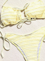 Yellow Micro Bikini Lace Front Bow Push Up Bra Swimsuit Bathing Suit Drawstring Side High Waist Swimwear