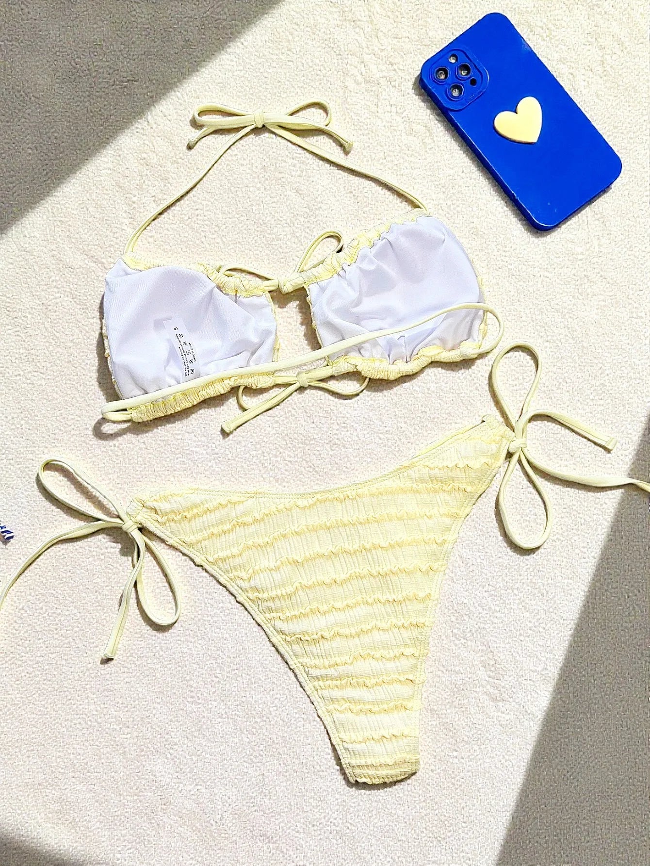 Yellow Micro Bikini Lace Front Bow Push Up Bra Swimsuit Bathing Suit Drawstring Side High Waist Swimwear