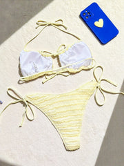 Yellow Micro Bikini Lace Front Bow Push Up Bra Swimsuit Bathing Suit Drawstring Side High Waist Swimwear