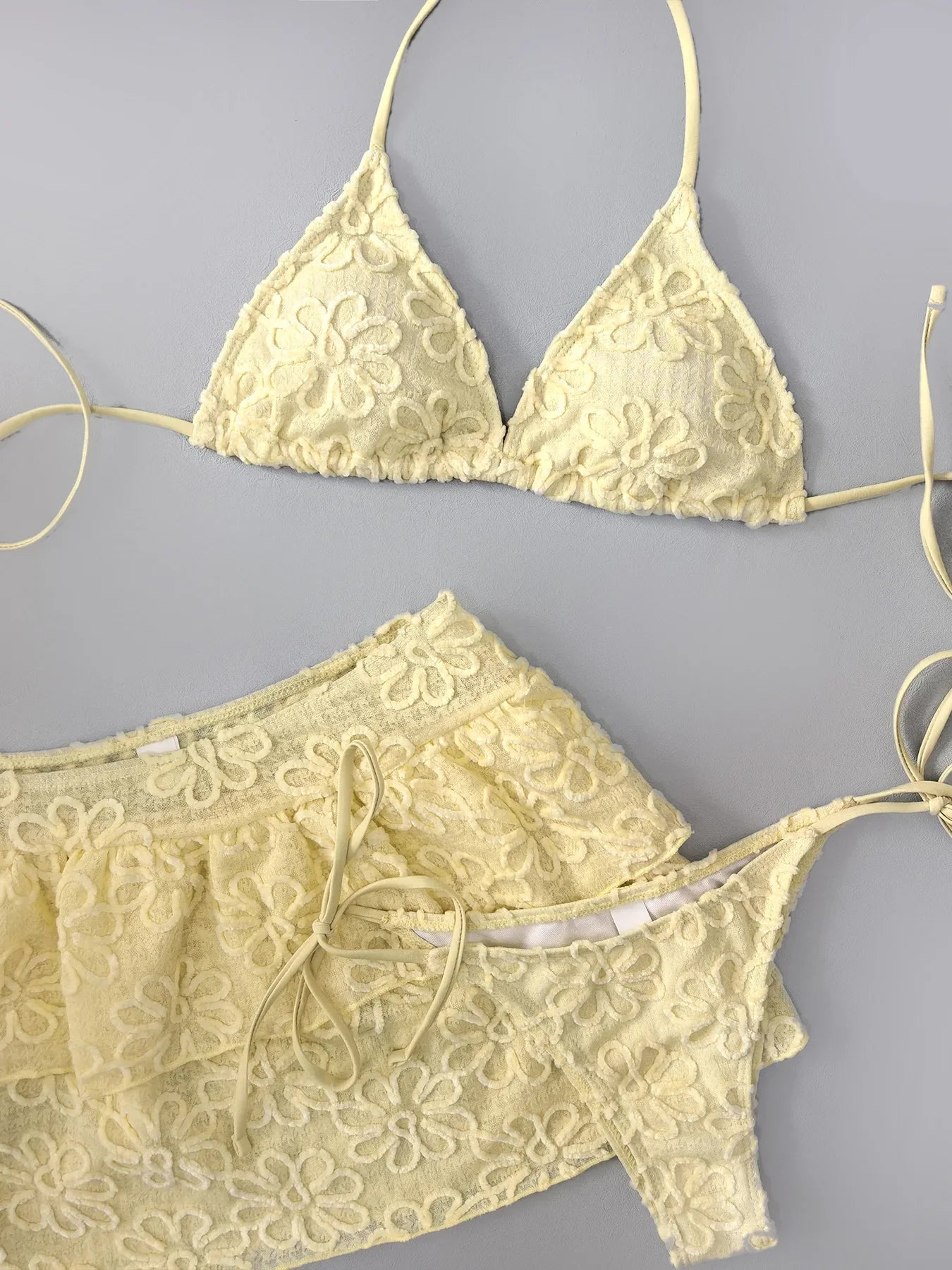 Yellow Pleate Skirt 3 Piece Bikini Set