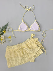 Yellow Pleate Skirt 3 Piece Bikini Set