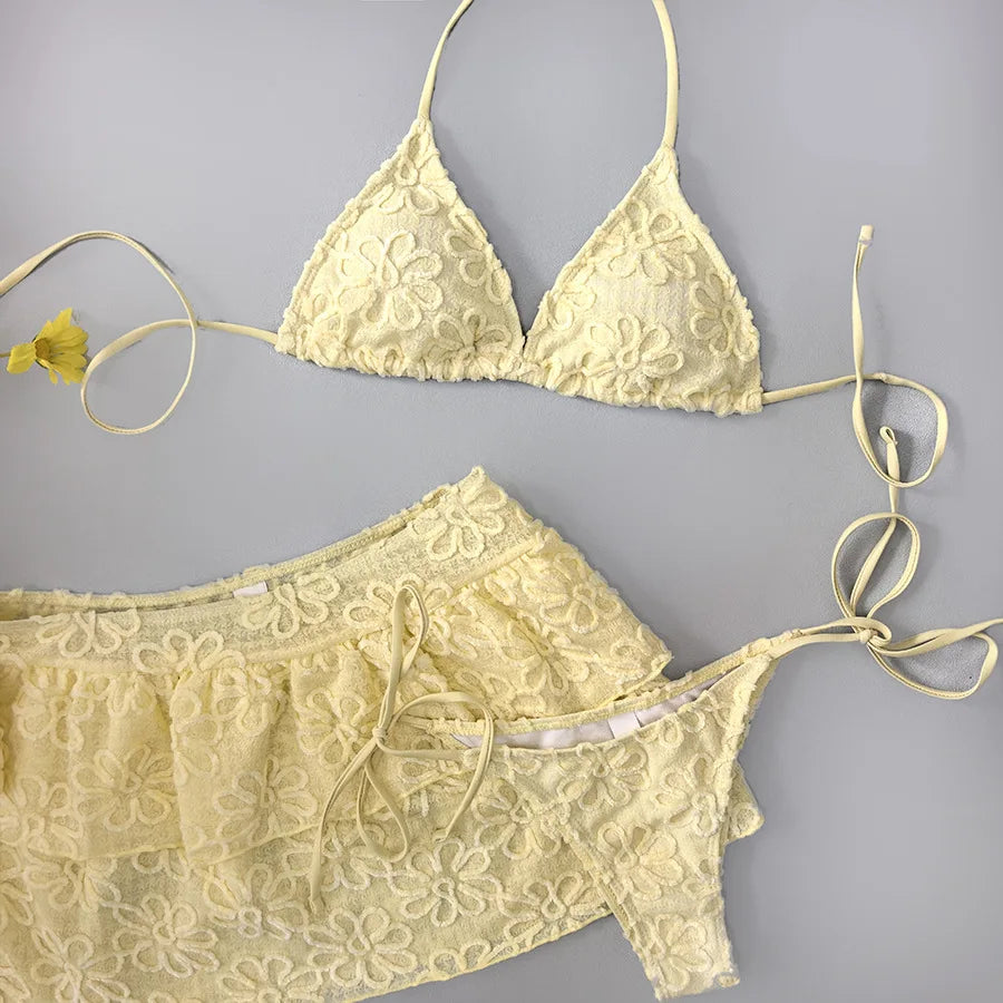 Yellow Pleate Skirt 3 Piece Bikini Set