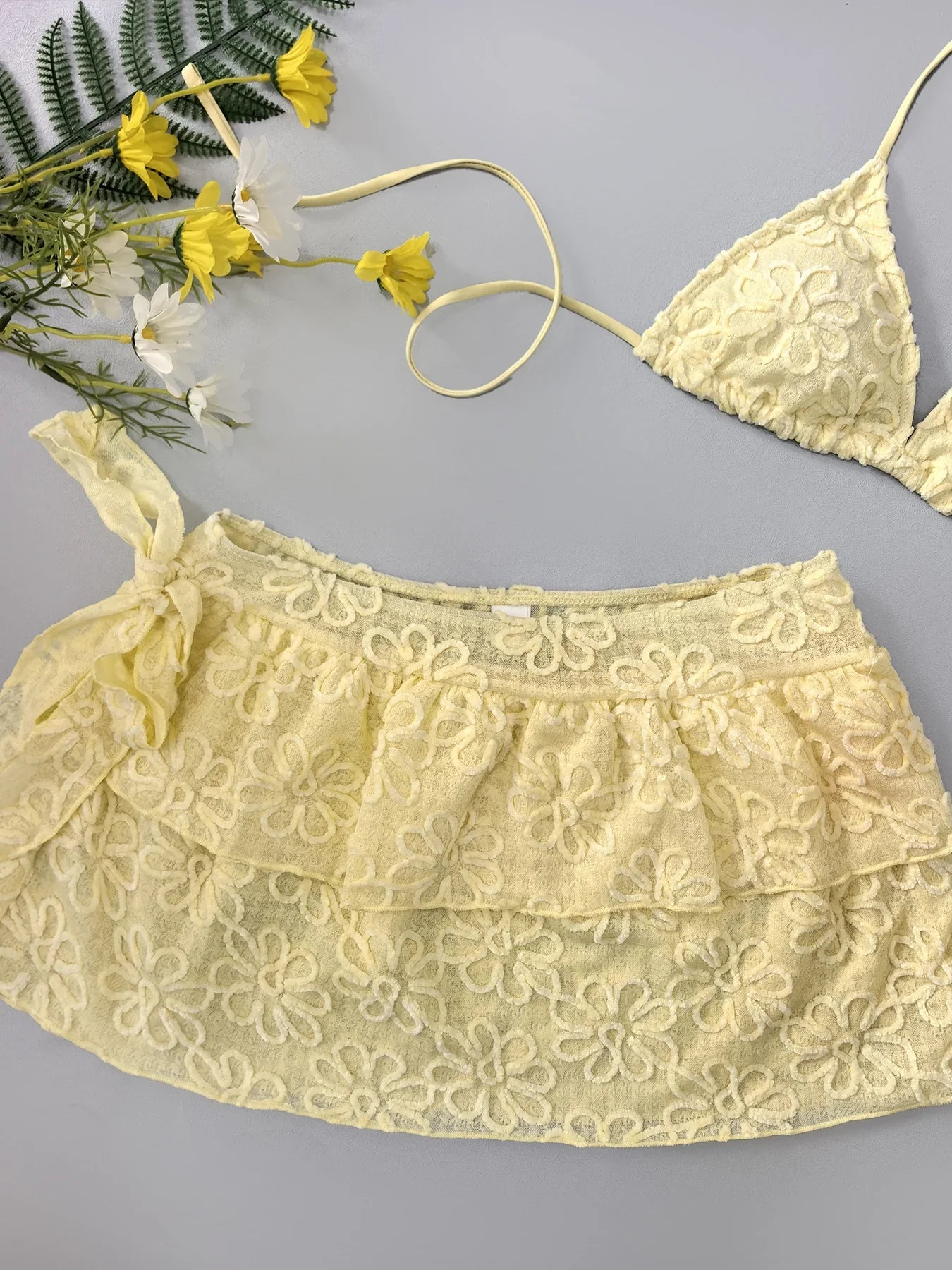 Yellow Pleate Skirt 3 Piece Bikini Set