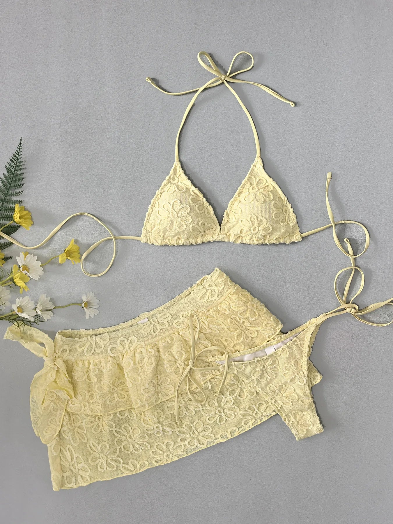 Yellow Pleate Skirt 3 Piece Bikini Set