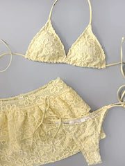 Yellow Pleate Skirt 3 Piece Bikini Set