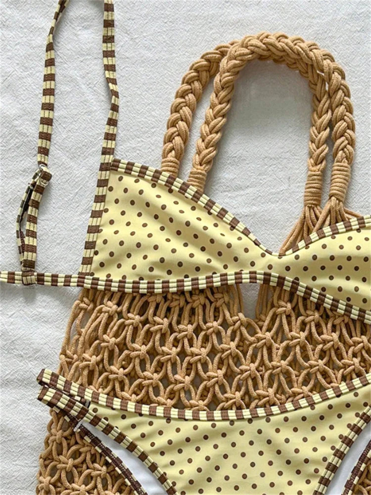 Yellow Polka Dot Print Micro Bikini Pleate Push Up Bra Hollow Out Thong Swimsuit Beach Bathing Suit Swimwear