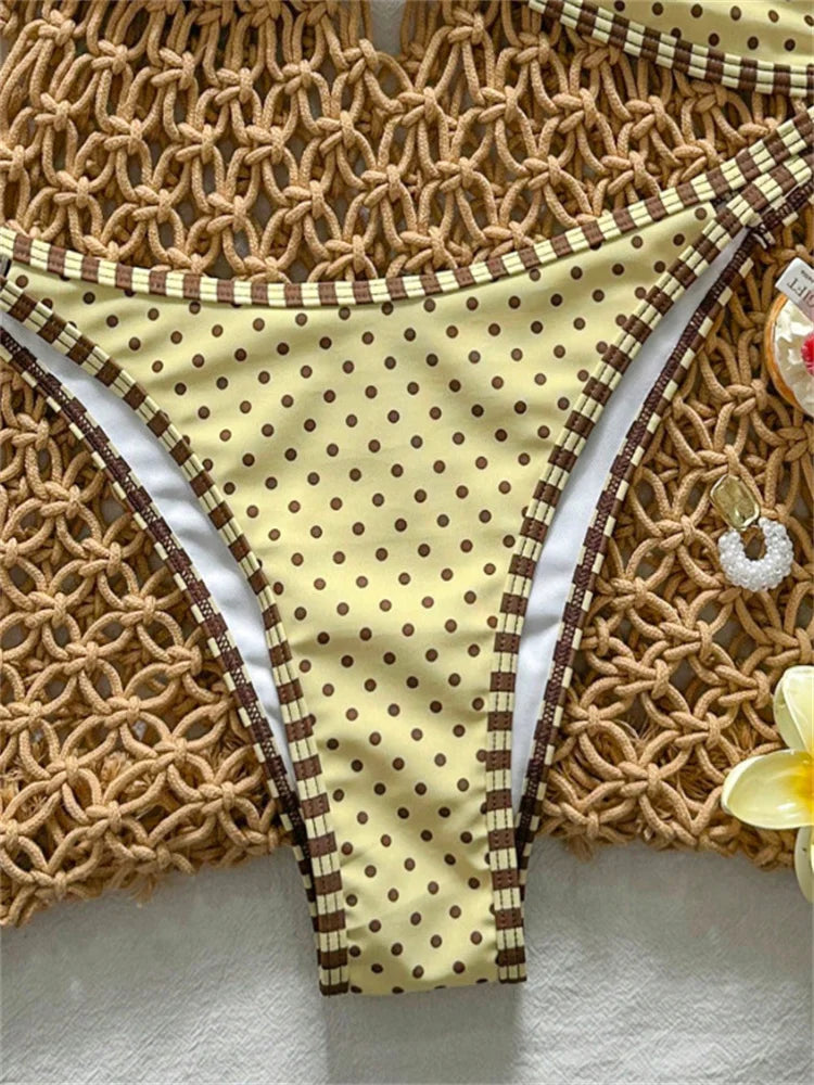 Yellow Polka Dot Print Micro Bikini Pleate Push Up Bra Hollow Out Thong Swimsuit Beach Bathing Suit Swimwear