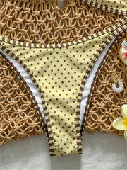 Yellow Polka Dot Print Micro Bikini Pleate Push Up Bra Hollow Out Thong Swimsuit Beach Bathing Suit Swimwear