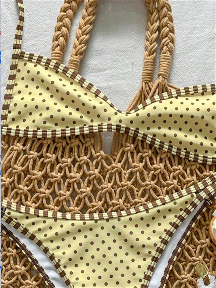 Yellow Polka Dot Print Micro Bikini Pleate Push Up Bra Hollow Out Thong Swimsuit Beach Bathing Suit Swimwear