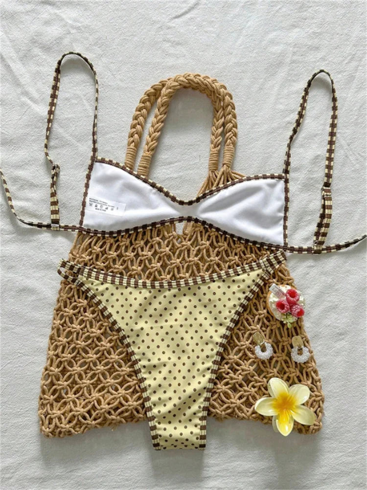 Yellow Polka Dot Print Micro Bikini Pleate Push Up Bra Hollow Out Thong Swimsuit Beach Bathing Suit Swimwear