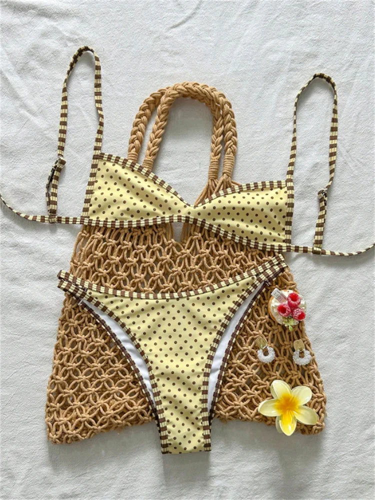 Yellow Polka Dot Print Micro Bikini Pleate Push Up Bra Hollow Out Thong Swimsuit Beach Bathing Suit Swimwear