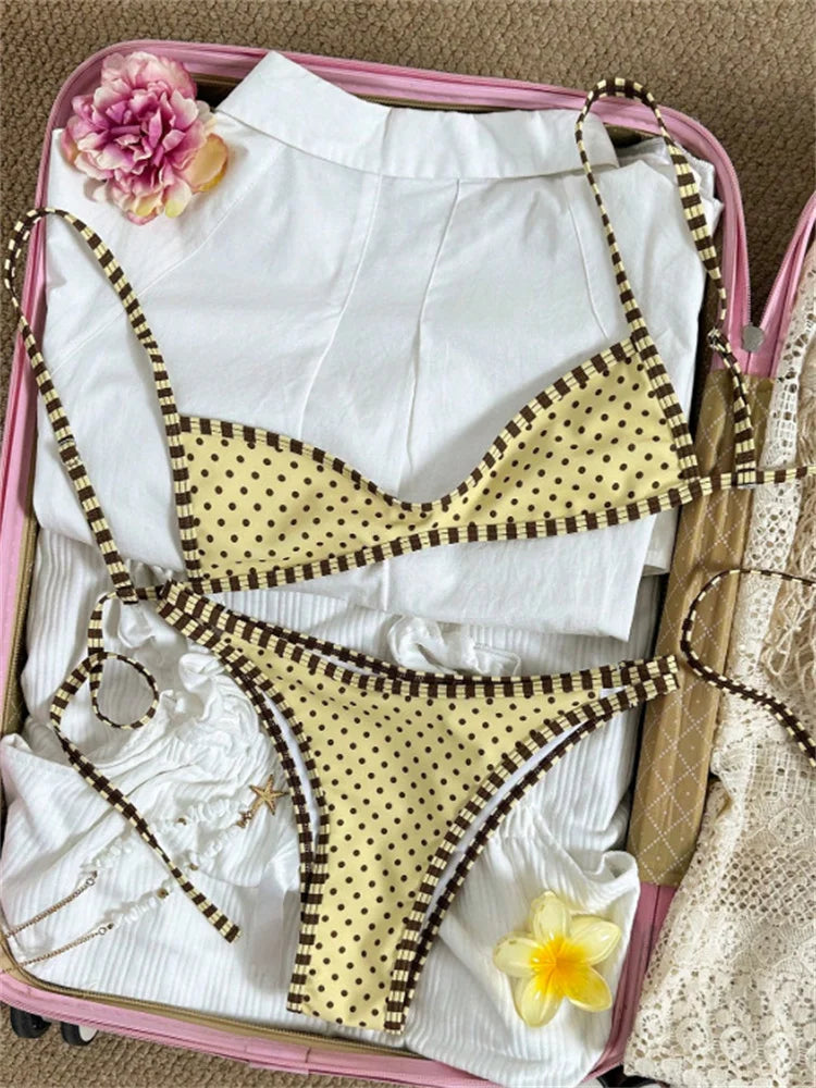 Yellow Polka Dot Print Micro Bikini Pleate Push Up Bra Hollow Out Thong Swimsuit Beach Bathing Suit Swimwear
