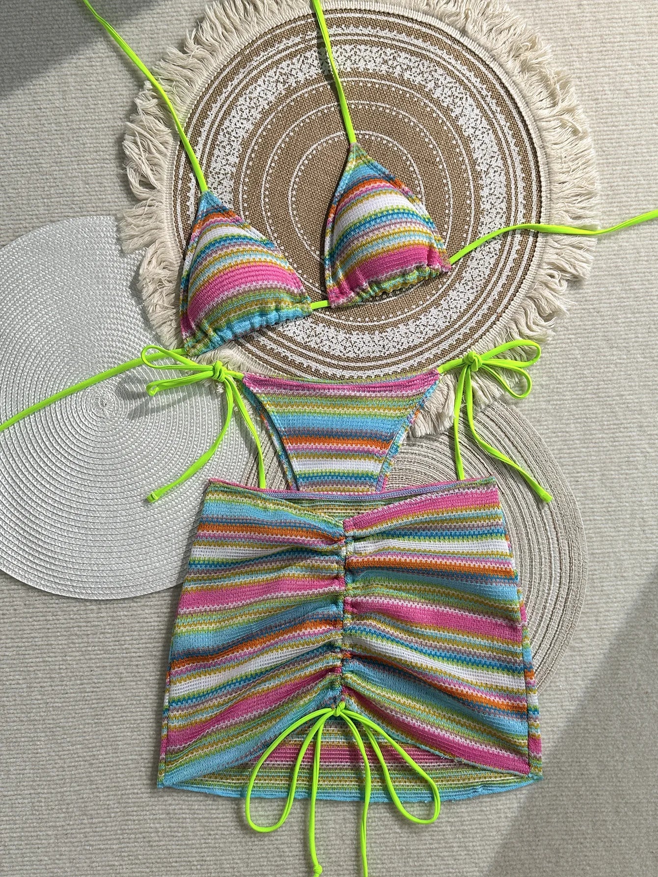 Yellow Striped Knitted Bikini Set