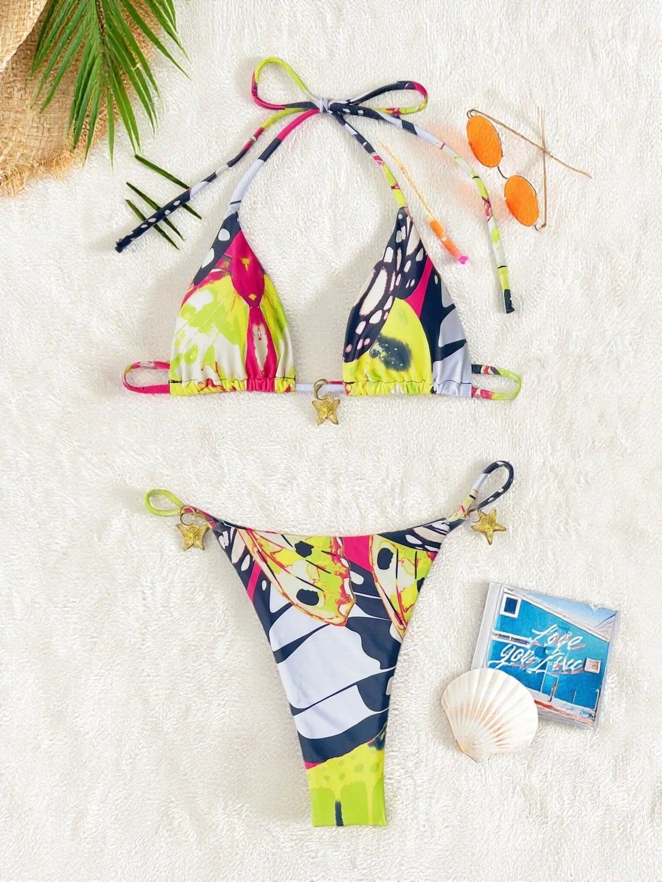 Yellow Tie Dye Butterfly Print Micro Bikini Metal Starfish Push Up Triangle Swimsuit Beach Bathing Suit Swimwear