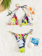 Yellow Tie Dye Butterfly Print Micro Bikini Metal Starfish Push Up Triangle Swimsuit Beach Bathing Suit Swimwear