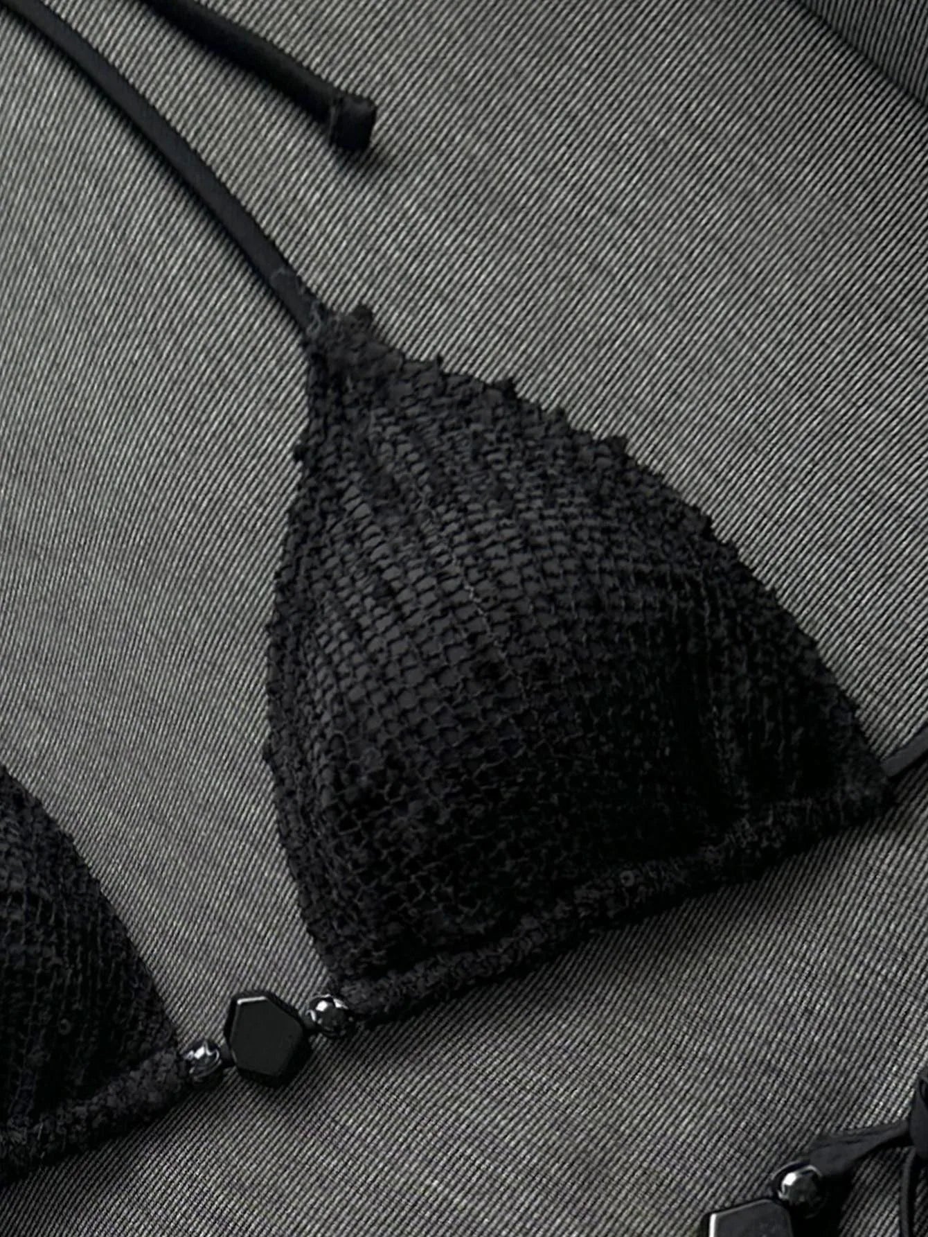 black micro Bikini halter Shell Push Up Bra Lace-up Stone thong Swimsuit Bathing Suit Biquini