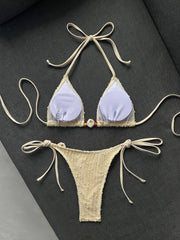 black micro Bikini halter Shell Push Up Bra Lace-up Stone thong Swimsuit Bathing Suit Biquini