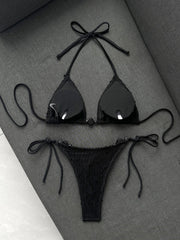 black micro Bikini halter Shell Push Up Bra Lace-up Stone thong Swimsuit Bathing Suit Biquini