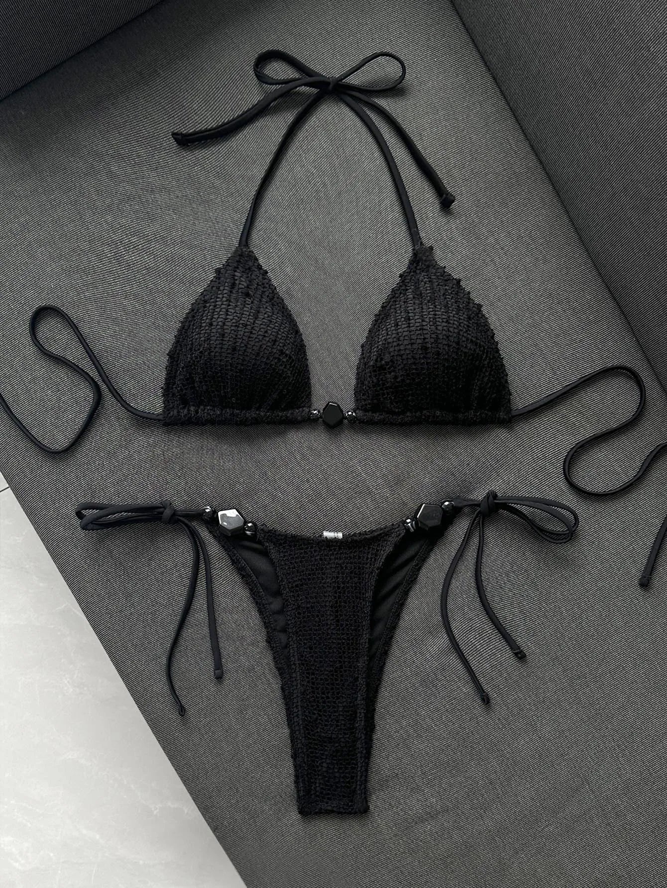 black micro Bikini halter Shell Push Up Bra Lace-up Stone thong Swimsuit Bathing Suit Biquini