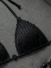 black micro Bikini halter Shell Push Up Bra Lace-up Stone thong Swimsuit Bathing Suit Biquini