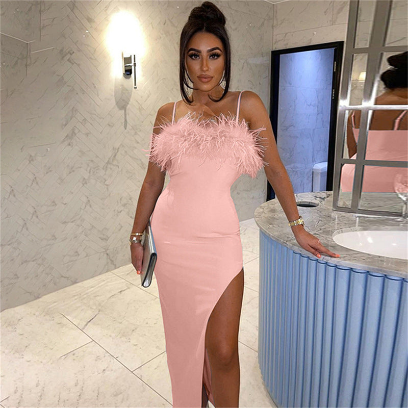 Chic Feather Trim Slip Dress