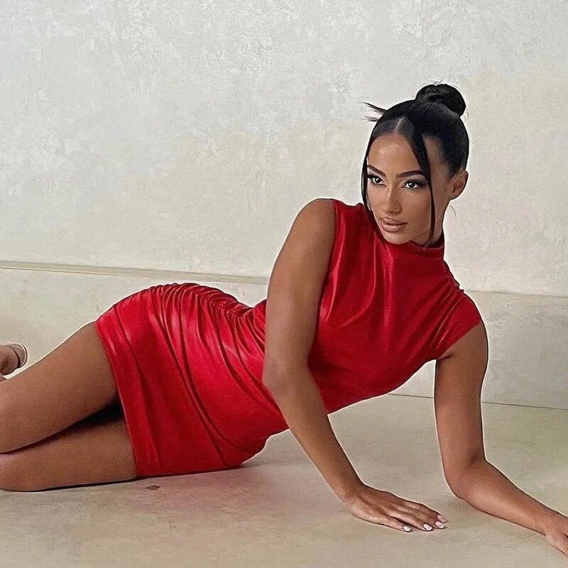 Chic Leather Mini Dress With Waist