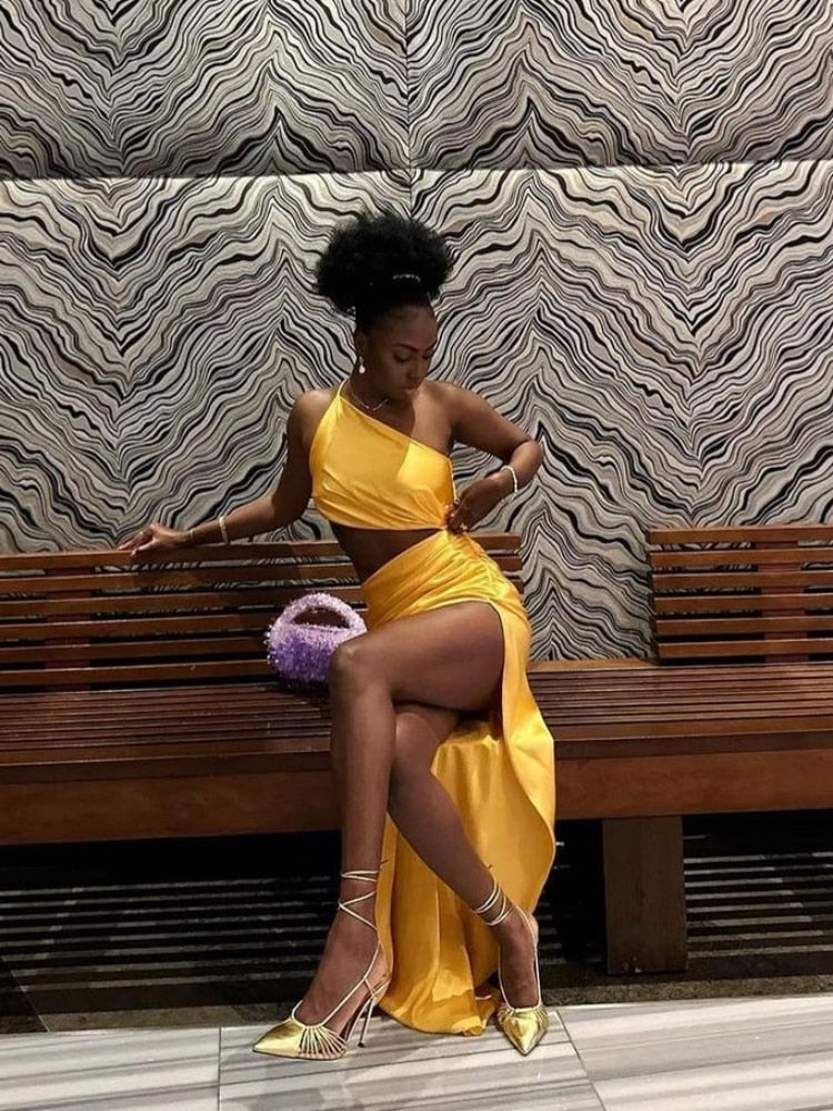 Tara Slant Shoulder High Slit Satin Celeb Dress