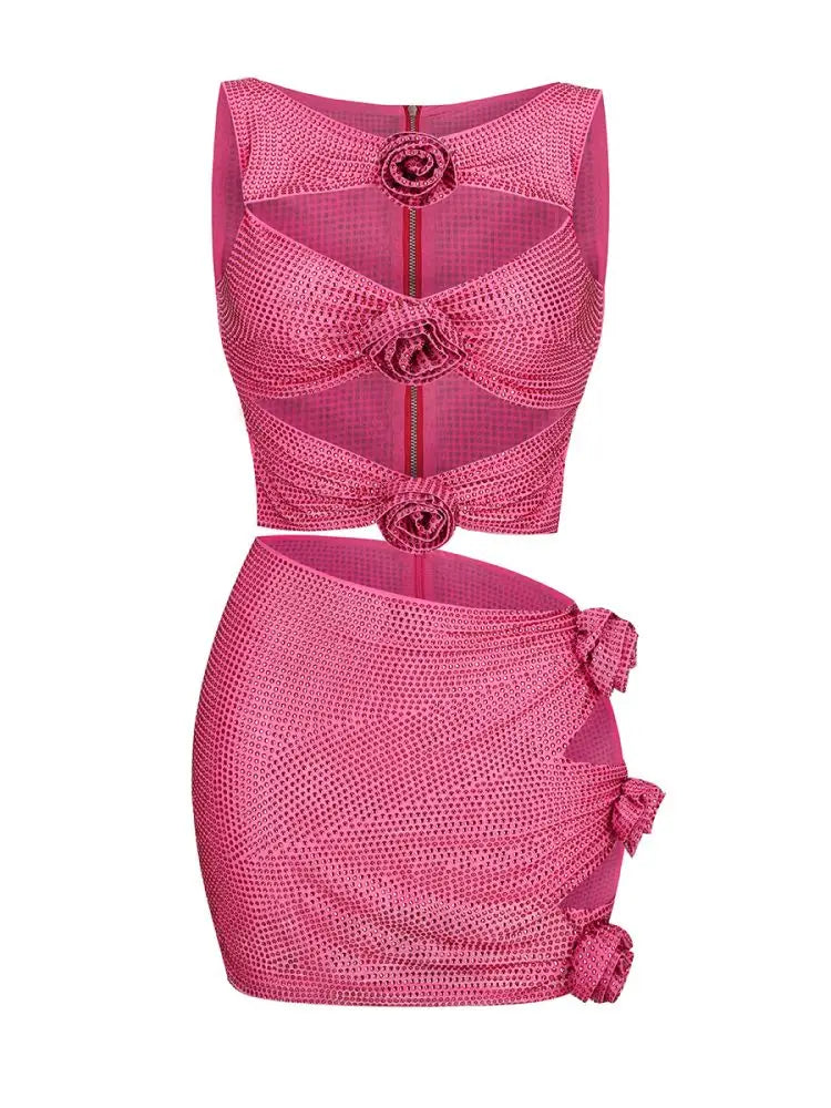 Chic Elegant Flowers Rhinestone Dress-Rose Red